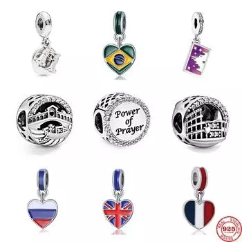 Оригинальный Великобритания, Бразилия, Русский, Франция, флаг, крест, сердце, бусины «сделай сам», подходят, подвески, серебряный браслет 925, брелок, ювелирное изделие для женщин