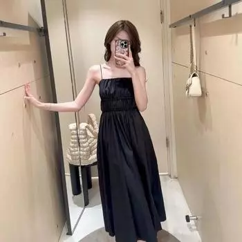 Original Order In Stock Women s Clothing Standard Pleated Bandeau Sling Dress Blue Green 1176569002 Spring and Summer New Black S(Quality Assurance)