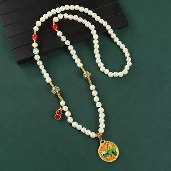 Original pearl long necklace ancient sand gold pendant women s high-end sweater chain retro accessories