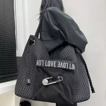 Original Personality Big Pin Tote Bag Large Capacity Shoulder Bag 2025 New Niche Design Sense Zip-up Big Bag Women Black