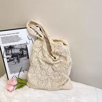 Original retro lazy style knitted bag summer new pearl hollow portable shoulder bag versatile literature and art