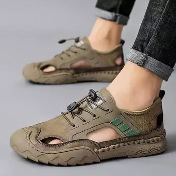 Original withdrawal, high-end leather sandals, men s flat-bottomed beach shoes, bag head, outer wear 38 чёрный