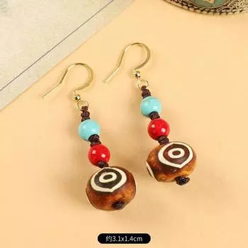 Original woven Tibetan dzi bead agate earrings, retro niche personalized Chinese earrings, women s long earrings