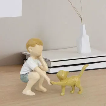 Ornament Boy and Cat Statue Collectible Gift Decoration Figurine for Indoor Fireplace Housewarming