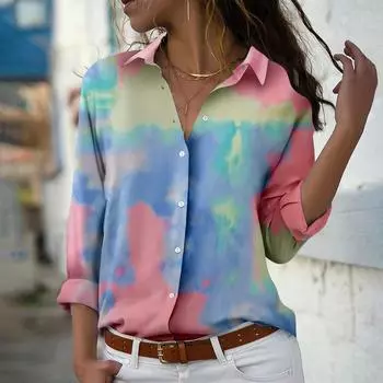 Орнаментальный камень Принт Женская блузка Весна Осень Femme Офисная леди Рубашки на пуговицах с отложным воротником XS