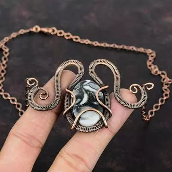 Орто-ископаемое ожерелье, обернутое медной проволокой, ожерелье, ювелирные изделия из драгоценных камней, регулируемое ожерелье, медная проволока ручной работы, ювелирные изделия, подарок на годовщину