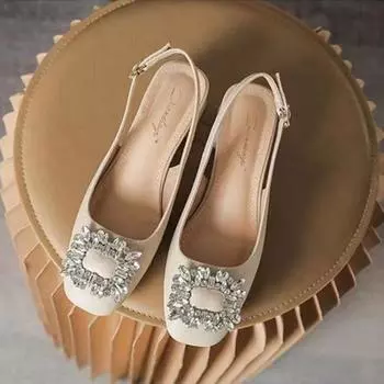 Ортопедические сандалии для женщин на квадратном каблуке с бриллиантами, обувь средней высоты, лето 2024 г., женская обувь со стразами и кристаллами, для офиса, повседневная 35