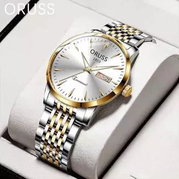 ORUSS Деловые кварцевые часы Водонепроницаемые кварцевые часы Часы с автоматическим механизмом Мужские часы Корейские светящиеся мужские часы с двойным календарем
