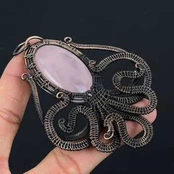 Осьминог Форма Розовый Кварц Драгоценный Камень Чистая Медная Проволока Обернутый Подвеска Ручной Работы Ювелирные Изделия 3.74 Inches розовый