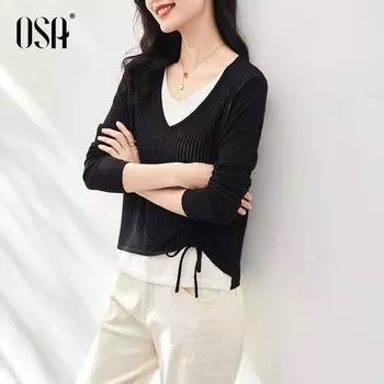 OSA Black V-neck Long Sleeve Knitwear Slimming False Two-Piece Black M