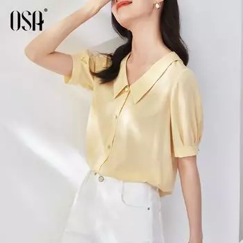 OSA Chiffon Shirt Tops Stylish Niche Style Short Sleeve Yellow S