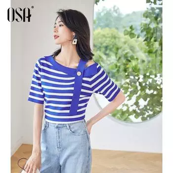 OSA Collar Ice Silk Sweater Slimming Pullover Bluestone Blue M