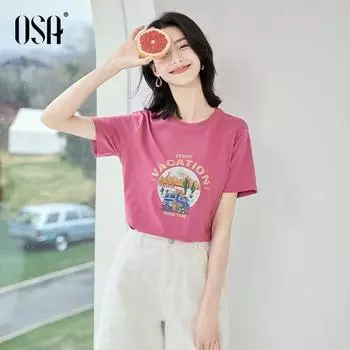 Оса Футболка с коротким рукавом летняя свободная базовая с принтом Rose Red L