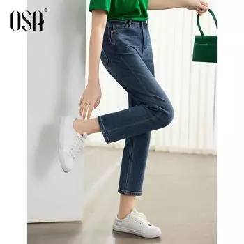 OSA High Waist Cropped French Stick Straight Spring and Autumn Jeans Deep nostalgic Blue XS