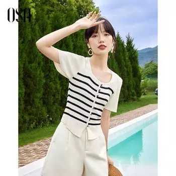 OSA Ice Silk Square Collar Summer Cool Short Sleeve Knitwear Stripes color XS