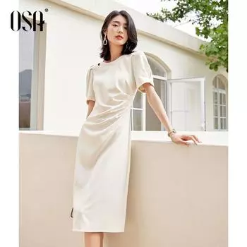 OSA Mid Length Long Length Elegant Waist Trimming Short-Sleeved Black Dress Apricot A M