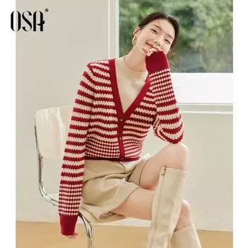 OSA OSHA Ankela Red Fake Two-Piece Knitted Sweaters 2024 New Arrival Female Fall and Winter Korean Style Design Blouse Red XL