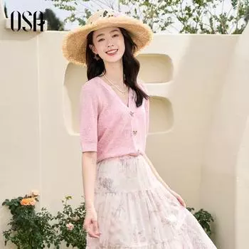 OSA OSHA Dopamine Color Thin Short Sleeve Knitting Cardigan Women s Summer 2024 New Arrival Shoulder Short Tops Pink XS