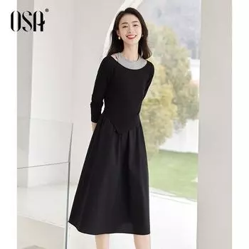 OSA OSHA Idle Style Fake Two-Piece off-Shoulder Dress Women s Autumn 2024 New Design Sense Slimming Dress Black S
