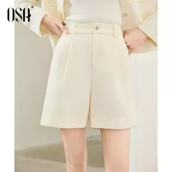 OSA OSHA Классический стиль Высокая талия А-силуэт Костюмные шорты Женская осенняя одежда 2024 Повседневные прямые шорты до середины бедра Широкие брюки Beige XL