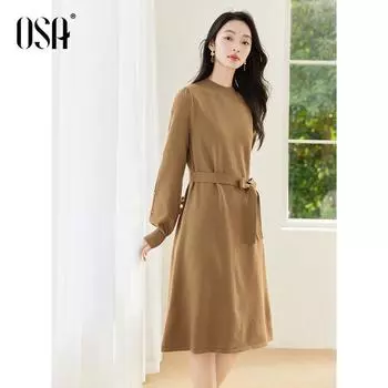 OSA OSHA Lantern Sleeve Dress Women s Fall 2024 New Arrival Light French Style Wear Elegant Slimming Midi Dress Camel color L((55.00 kg-60.00 kg)