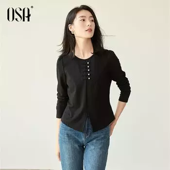 OSA OSHA New Chinese Style Buckle National Style Long Sleeves T-shirt 2025 Spring New Arrival Women s Small Slit Loose Lazy Top Black S((45.00 kg-50.00 kg)