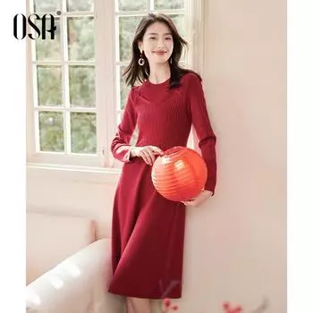 OSA OSHA New Year Red Fake Two-Piece Dress Women s Winter New Arrival Overknee Mid-Length Base Skirt 2024 Red S((45.00 kg-50.00 kg)