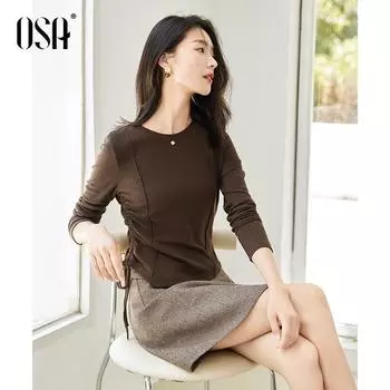 OSA OSHA Retro Maillard T-shirt Female 2024 Fall New Arrival Slim Looking Fishbone Stylish Drawstring Inner Wear Blouse Curry color S