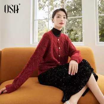 OSA OSHA Retro Twist Knitting Cardigan 2024 New Arrival Women s Fall and Winter Atmosphere Wear Match Sweater Outwear Red M((50.00 kg-55.00 kg)