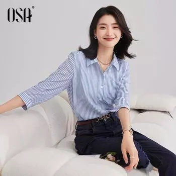 OSA Ousha Professional Autumn Three-Quarter Sleeve Stripes Shirt Blue XS
