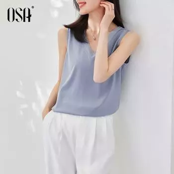 OSA Ousha V-neck Belly-Covering Slimming Top Camisole Gray Blue XS