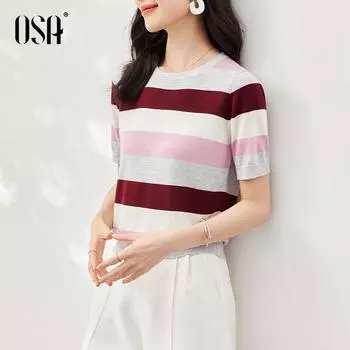 OSA Полоски для похудения Летняя одежда из ледяного шелка Универсальный короткий рукав Pink purple A S