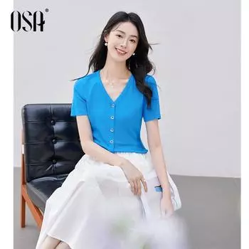 Osa Shoulder Summer Collarbone Thin V-neck Short Sleeve T-shirt Royal Blue S