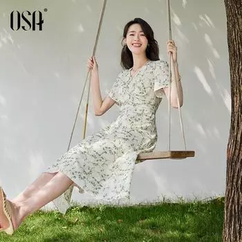 OSA Summer Lightweight Cinched Slimming Short Sleeves Dress Apricot bottom Print S