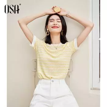 OSA Желтый Ледяной Шелк Утягивающий Пуловер С Коротким Рукавом Свитер Yellow L