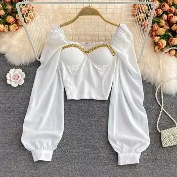 Осень 2021, французский топ в стиле ретро с квадратным воротником и открытой ключицей, с длинными рукавами, в стиле суда, с пузырьковыми рукавами, с квадратным воротником, короткая рубашка One Size белый