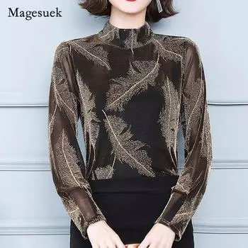 Осень 2021, сетчатая винтажная футболка с длинными рукавами, яркая шелковая блузка с полувысоким воротником, женские элегантные сексуальные фиолетовые топы Blusa 16728 M золотой