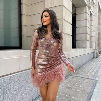 Осень 2022, мини-платье с длинным рукавом и квадратным воротником, модное сексуальное женское праздничное платье с перьями и блестками, элегантное клубное вечернее платье S розовый
