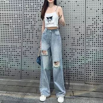 Осень 2022, модная уличная одежда с высокой талией, мешковатые брюки, прямые женские рваные джинсы, женские джинсовые брюки, корейский стиль XS