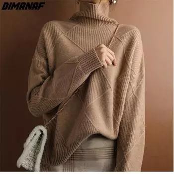 Осень 2022, осенний женский свитер, шерстяная футболка, вязаный пуловер с клетчатым принтом, базовые модные свитера, водолазка с длинным рукавом, повседневная одежда