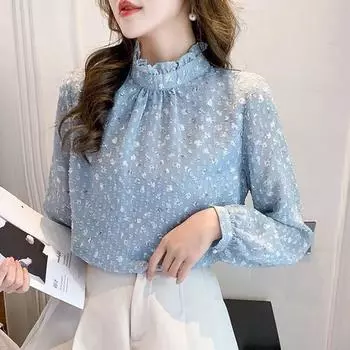 Осень 2023, элегантная шифоновая рубашка во французском стиле, женские топы, модная блузка с длинными рукавами и принтом, офисная женская свободная одежда 28342 S синий