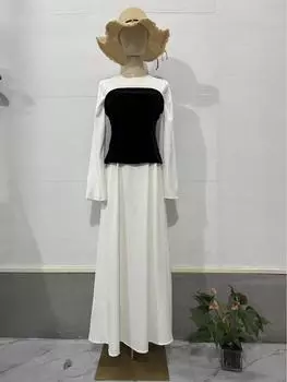 Осень 2023 Черно-белое лоскутное платье макси для светской львицы, стройнящее талию, для женщин Double Extra Large