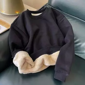 «Осень 2023 г., унисекс, плюс, бархатный свитер из овчины: Свободный крой, теплый, круглый вырез, капюшон. M чёрный