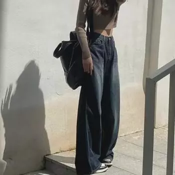 Осень 2023 г. Женские ретро-выбеленные джинсы с высокой талией и широкими штанинами XL синий/чёрный