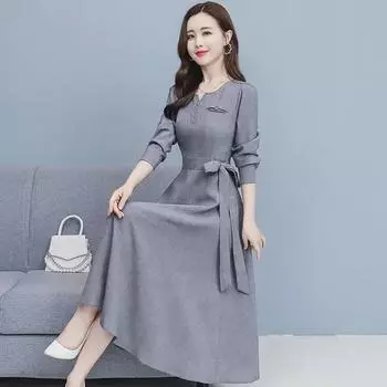 Осень 2023 г. Женское облегающее платье средней длины из хлопка и льна в корейском стиле