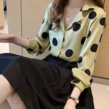 Осень 2024, новая волна, блузка в горошек, женская винтажная верхняя шифоновая рубашка, трендовая подкладка M чёрный