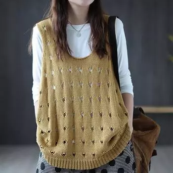 Осень 2023, новый большой ажурный свитер, майка, женский свободный свободный свитер без рукавов с рваными плечами M тёмно-синий