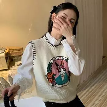 Осень 2023, новый универсальный пуловер с мультяшным узором, свитер без рукавов, женский вязаный топ на бретелях, жилет M белый