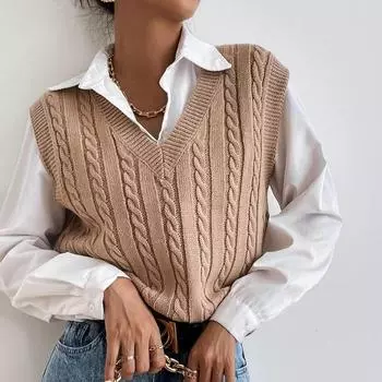 Осень 2023, повседневные пуловеры с v-образным вырезом, свитера, женские однотонные винтажные вязаные свитера, жилет, женский жилет без рукавов 28469 S чёрный