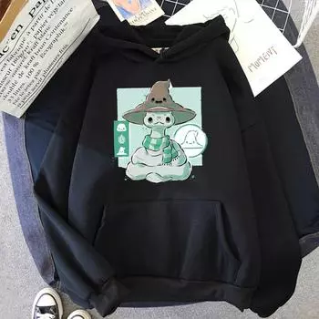 Осень 2023, свободная толстовка с милым свитшотом со змеей и змеей в стиле аниме, повседневные толстовки унисекс с принтом, Harajuku, мужская/женская уличная одежда S чёрный